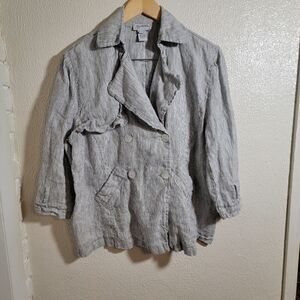 Two Wishes 100% Linen  Double Breasted MOP Button Jacket Striped sz M/L Black Iv